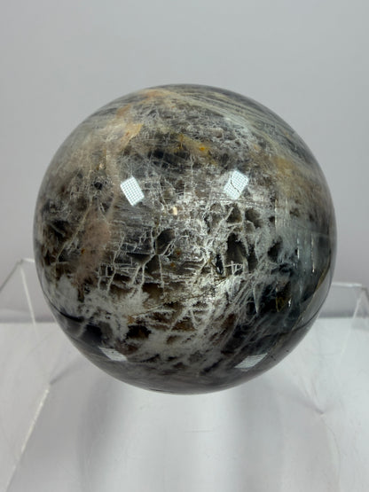 Black Moonstone Crystal Sphere. 66mm. Stunning Bright Silver Flash. High Quality Display Sphere