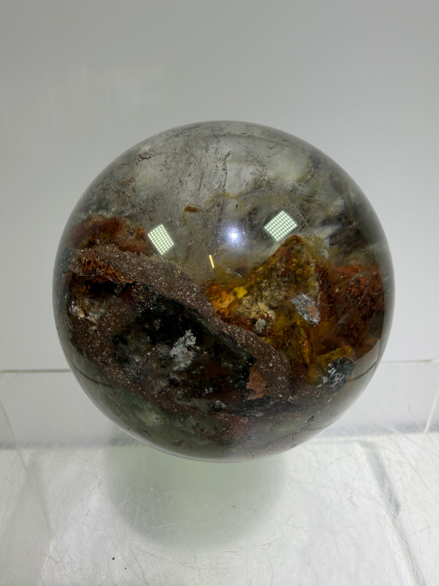 Garden Quartz Lodolite Sphere. 57mm. Orange And Red Colorful Landscape. High Quality With Rare Colors!