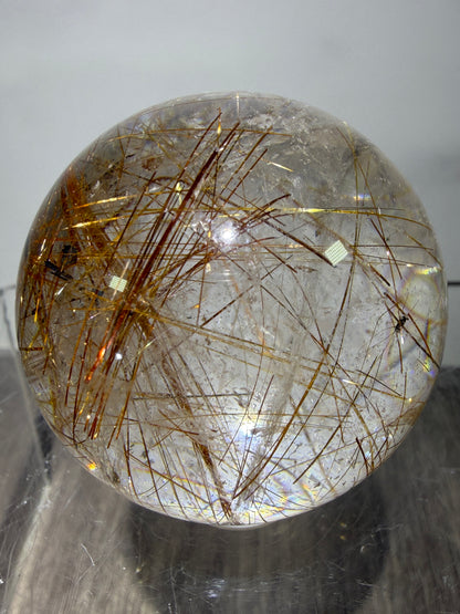 Copper Rutile Quartz Sphere. Stunning Hematite Slab And Rutile Inclusions. Amazing Rare Display Sphere