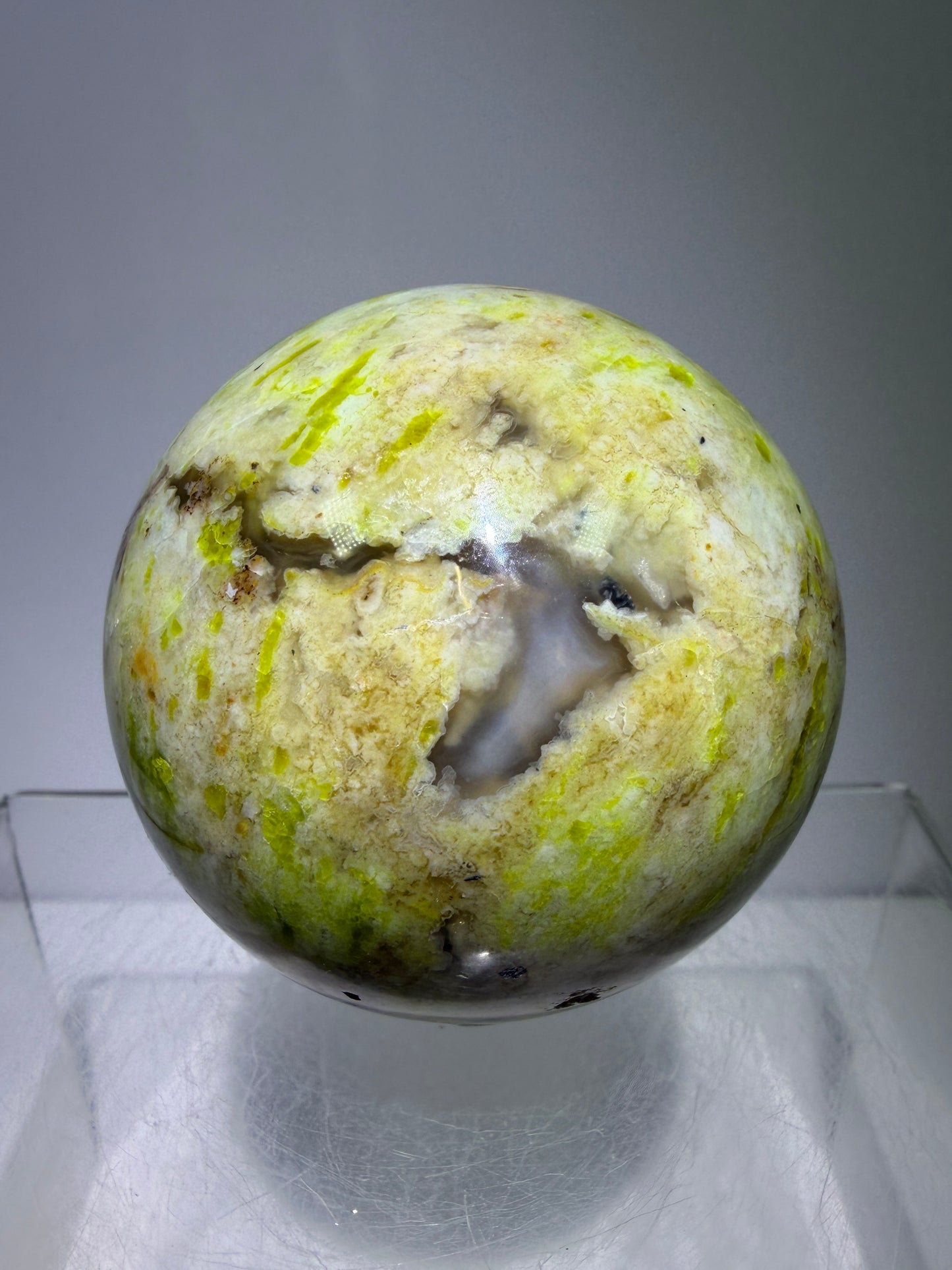 Green Opal Sphere From Madagascar. 62mm. Gorgeous Shades Of Green. Beautiful Display Crystal.