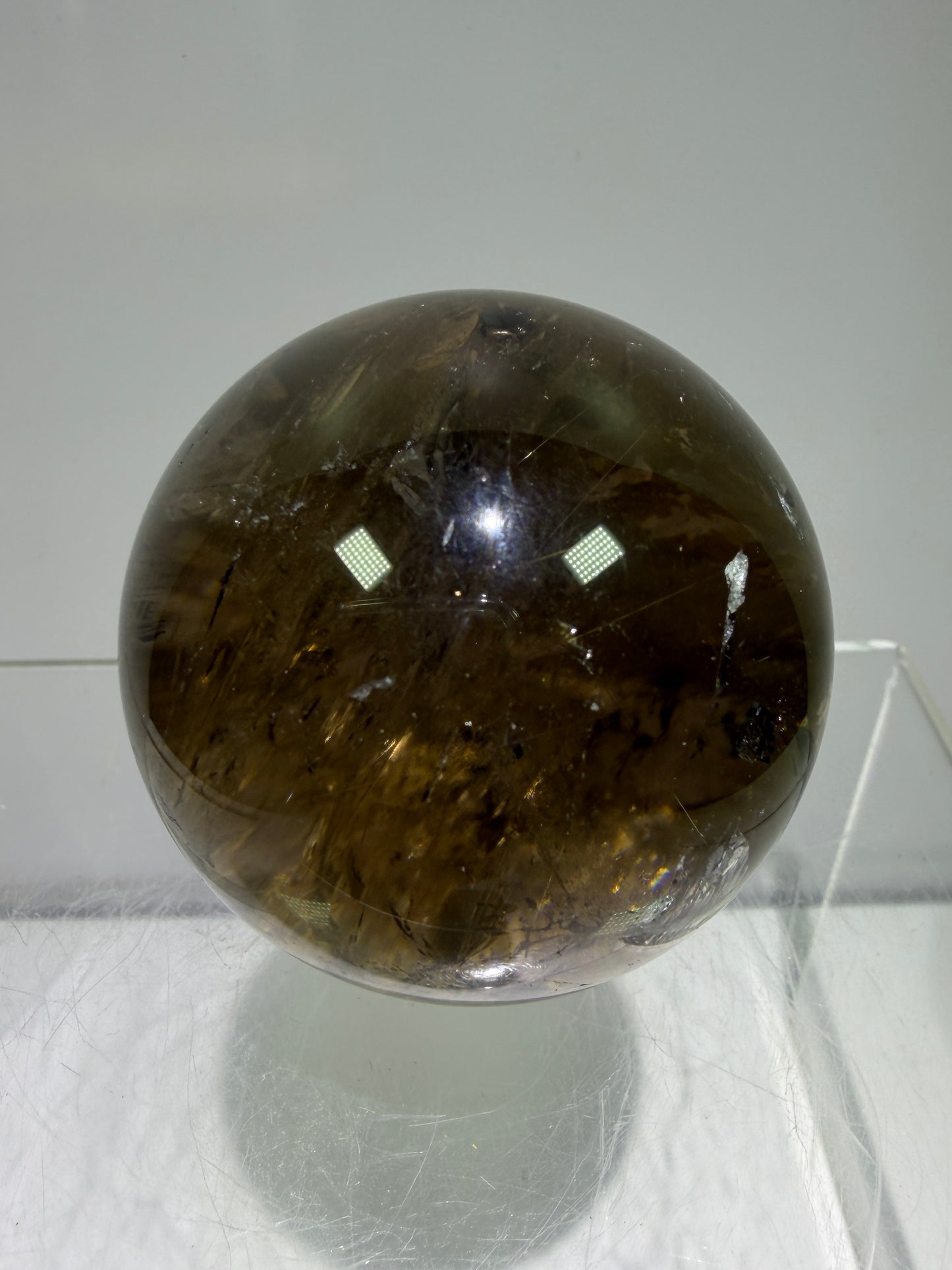 Rutile Quartz Sphere. 47mm. Unique Smoky Quartz With Stunning Golden Rutile Inclusions.