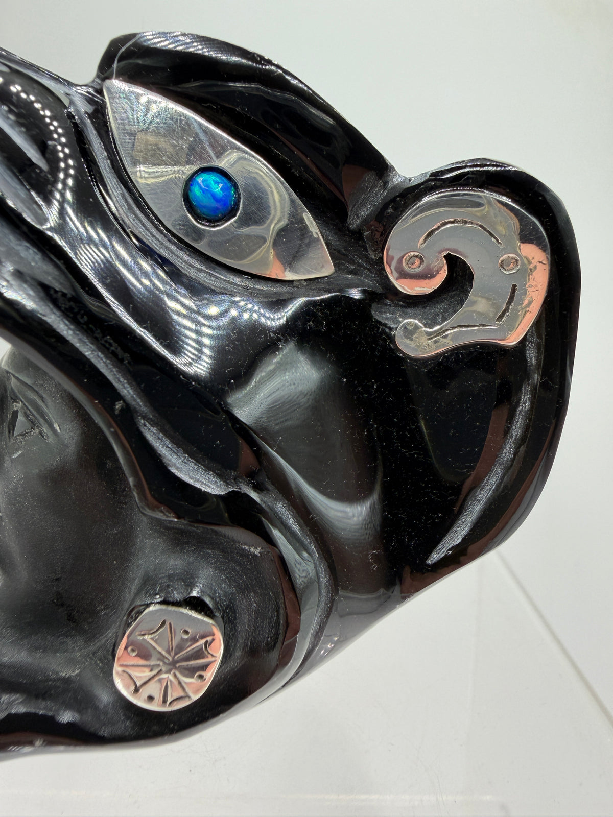 Carved Jaguar Warrior Head. Gorgeous Hand Carved Obsidian Aztec Art. One Of A Kind Obsidian, Silver, And Opal Collectors Item.