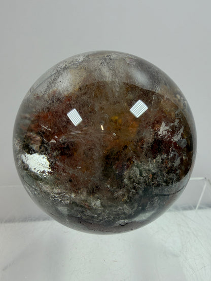 Garden Quartz Lodolite Sphere. 57mm. Orange And Red Colorful Landscape. High Quality With Rare Colors!