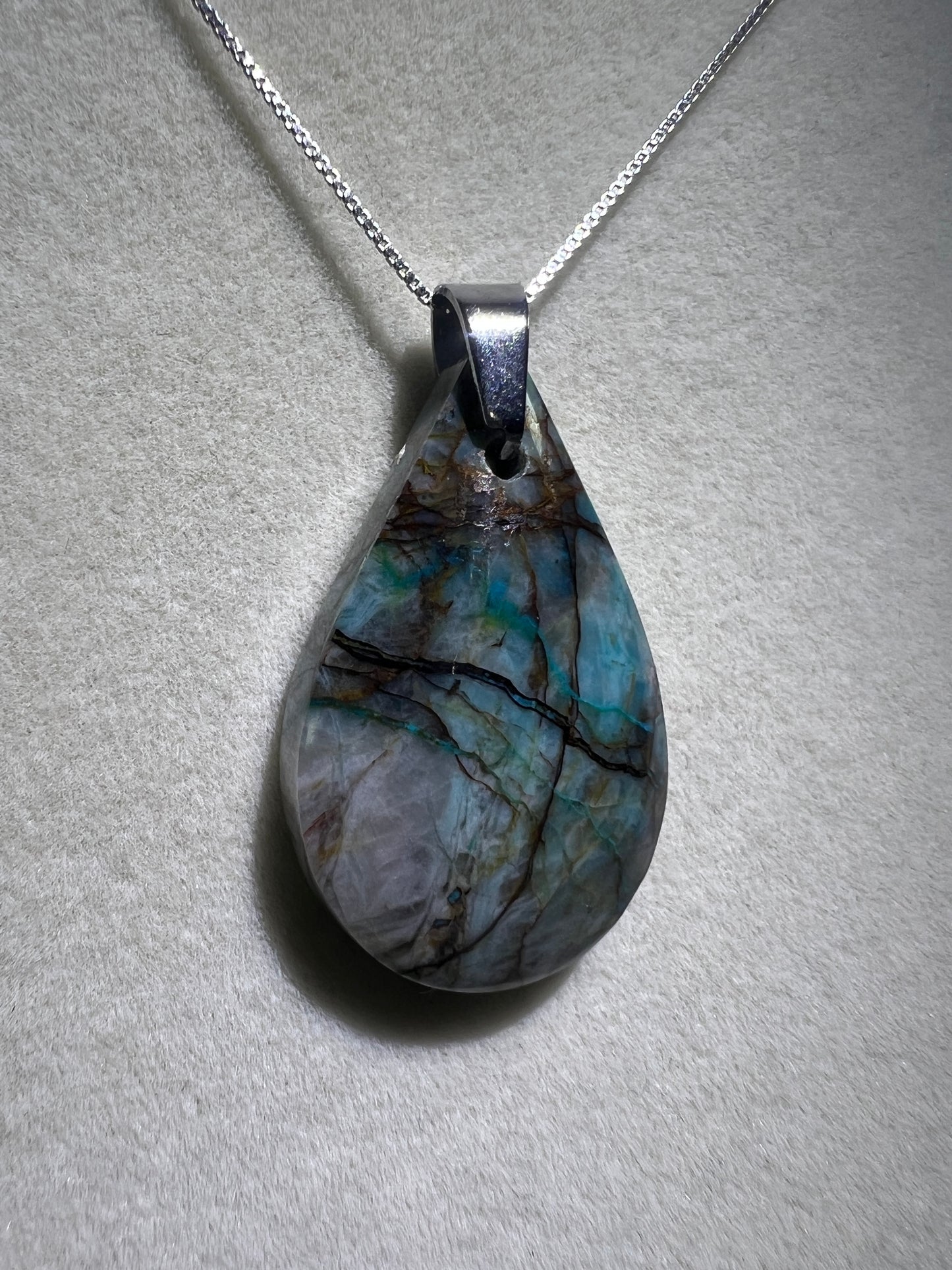 Chrysocolla Fresco Pendant. Limited And Stunning Fresco Patterns. Gorgeous High Quality Crystal. S925 Silver Necklace Included