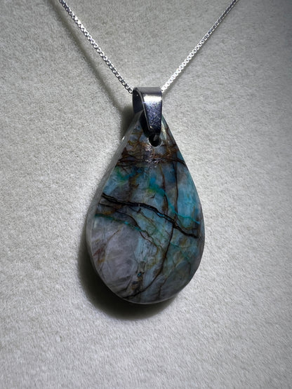 Chrysocolla Fresco Pendant. Limited And Stunning Fresco Patterns. Gorgeous High Quality Crystal. S925 Silver Necklace Included