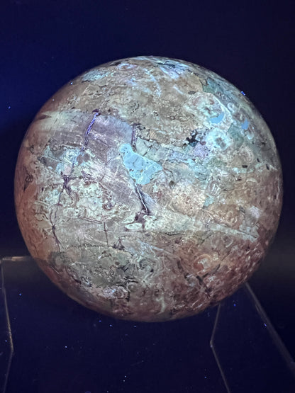 Fire Calcite Crystal Sphere. 76mm. Amazing New Material. Beautiful Large Display Sphere With Nice UV Reaction.