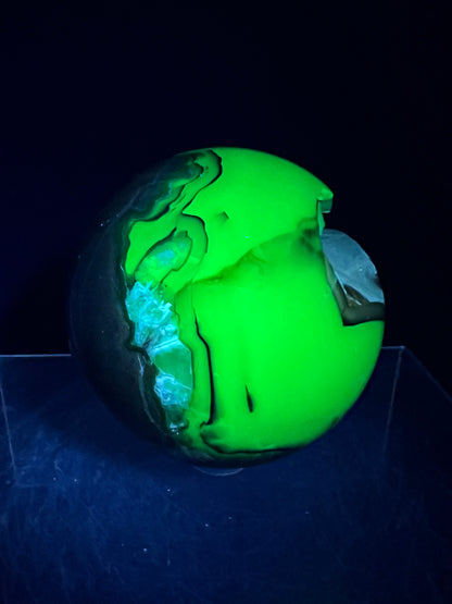 Volcano Agate Sphere. 71mm. Gorgeous Blue Druzy. Intense Green UV Reactive Sphere. Awesome Color Contrast.