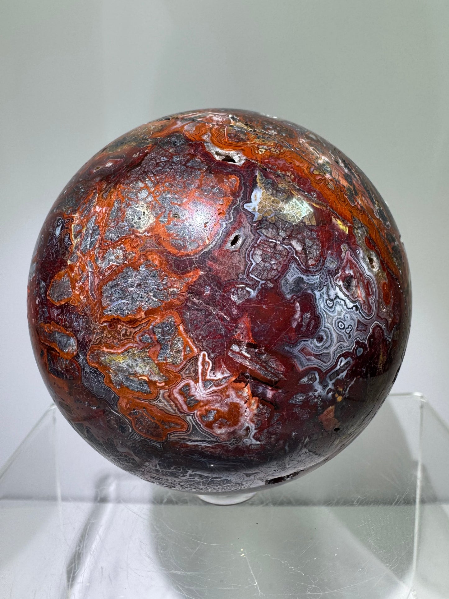 Mexican Crazy Lace Agate Sphere. 78mm. Deep Rich Colors With Stunning Patterns. Large Display Sphere.