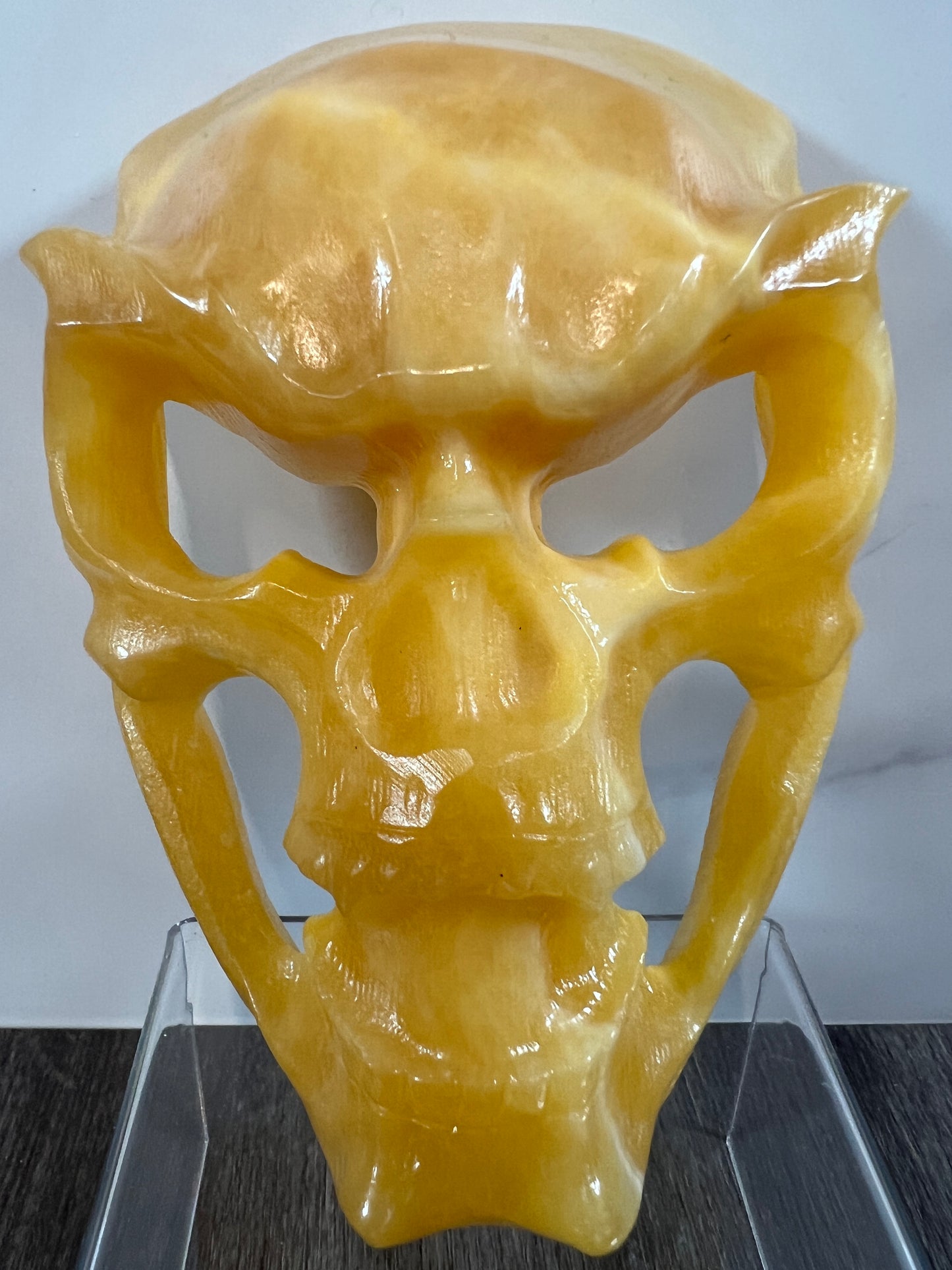 Carved Crystal Skull Mask. Amazing Orange Calcite Carving.