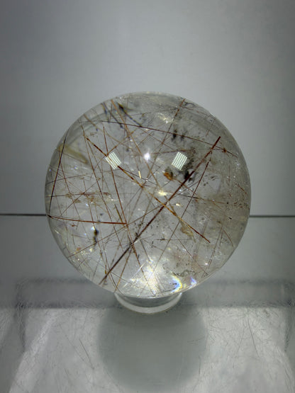 Rutile And Tourmaline Quartz Sphere. 39mm. Amazing Combination Of Red Rutile And Tourmaline. Very Rare Display Sphere