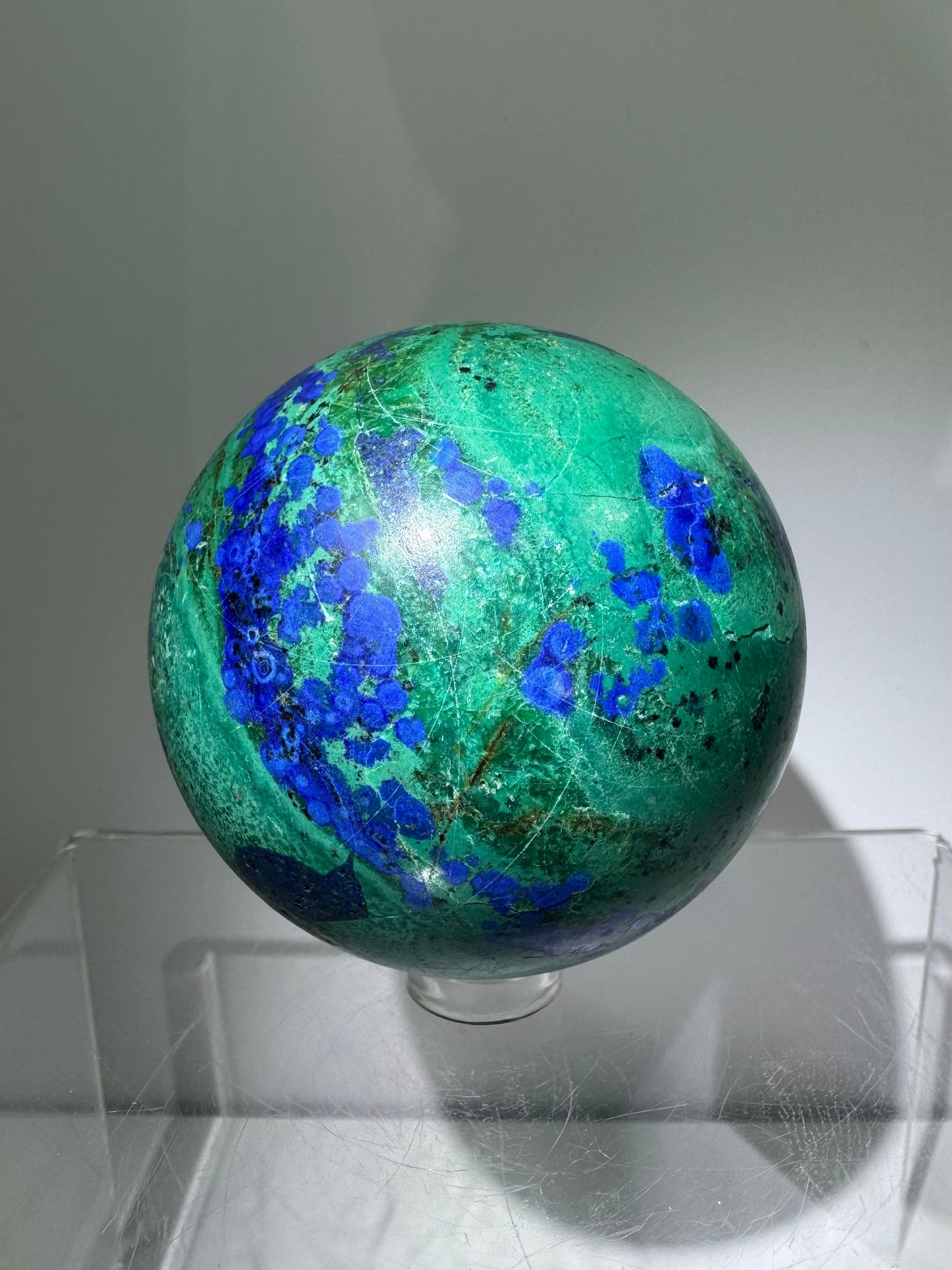 Azurite and Malachite Crystal Sphere. 61mm. Beautiful Deep Colors And Patterns. Stunning Rare Display Piece!