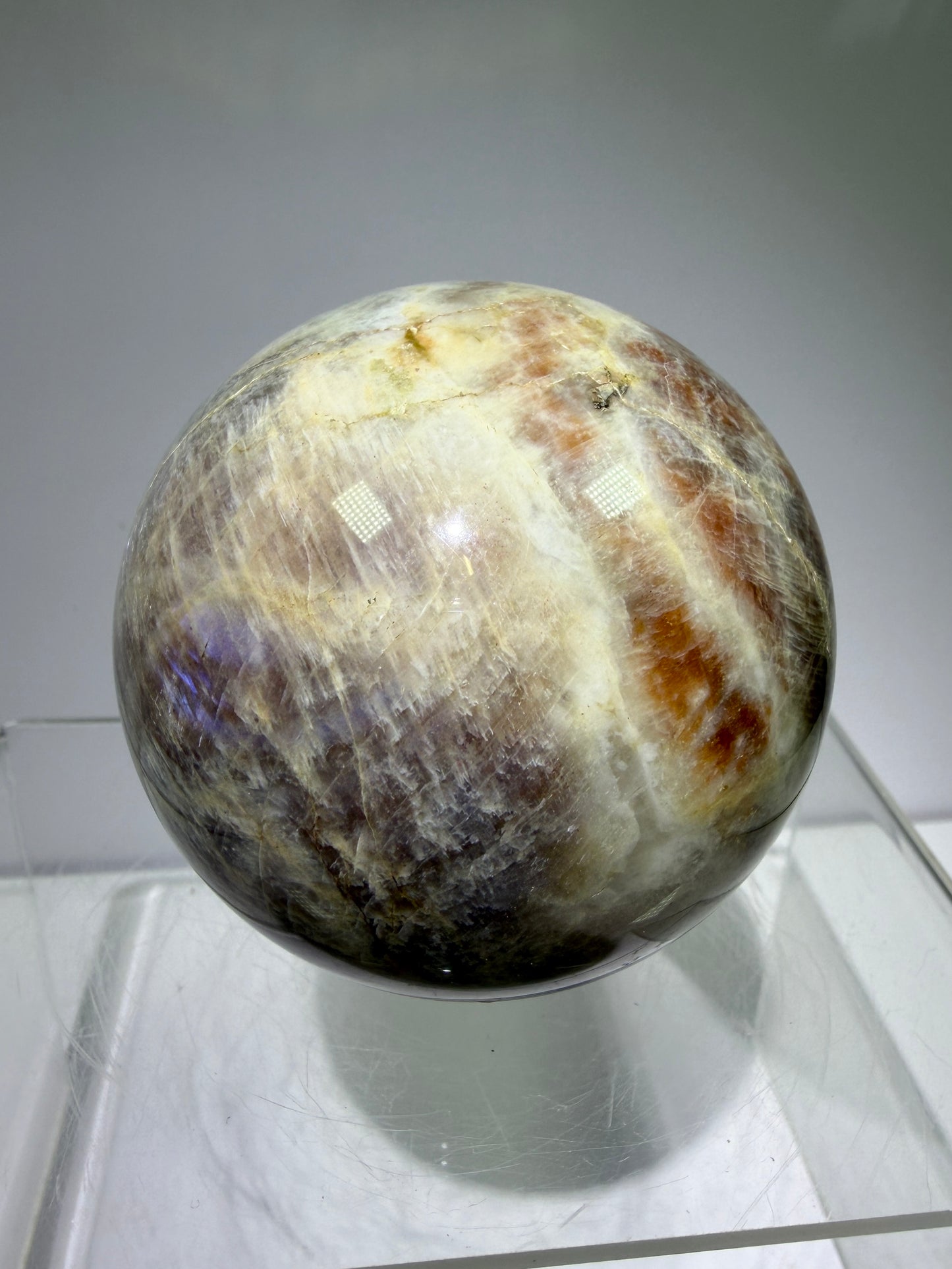 Black Moonstone And Sunstone Crystal Sphere. 64mm. Stunning Bright Flash. Gorgeous Display Sphere