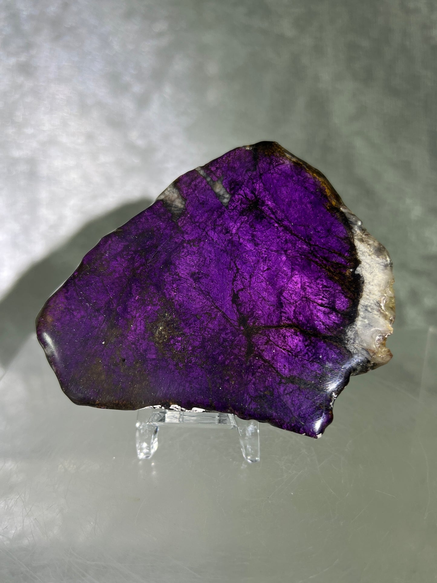Purpurite Crystal Slab. Stunning Purpurite Freeform With A Resin Coating. Gorgeous Intense Purple Flash!