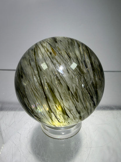 Green Tourmaline Quartz Sphere. Incredible Green Rutile Sphere. Tourmalinated Quartz Display Crystal