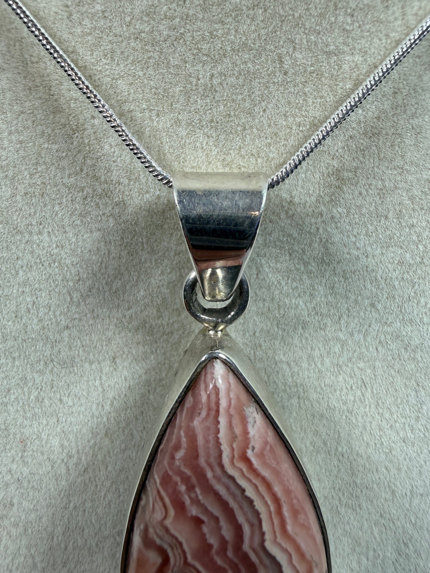 Rhodochrosite Crystal Pendant. S925 Silver Setting. Amazing Colors And Banding. High Quality Crystal Jewelry