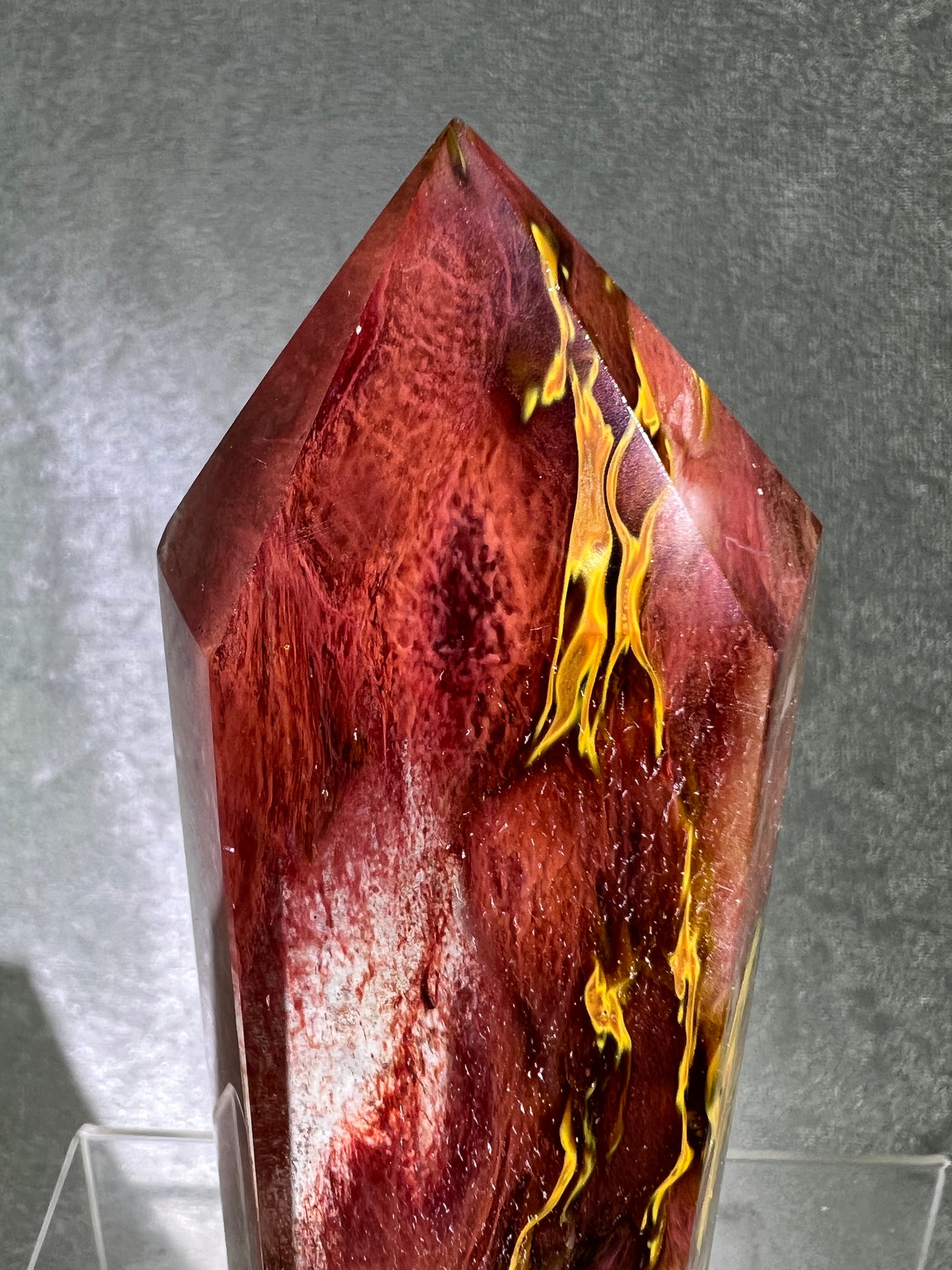 Smelting Quartz Tower. Gorgeous And Large Display Tower. Stunning Colors And Patterns. Incredible Red Tiger Skin Patterns.