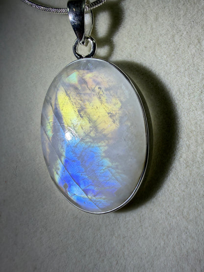 Rainbow Moonstone Crystal Pendant. Beautiful S925 Silver Crystal Jewelry. Amazing Colors With Great Flash!