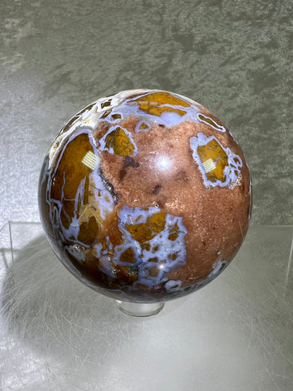 Indonesian East Java Plume Agate Sphere. 62mm. Very Rare Display Sphere. Amazing Druzy, Colors, And Patterns