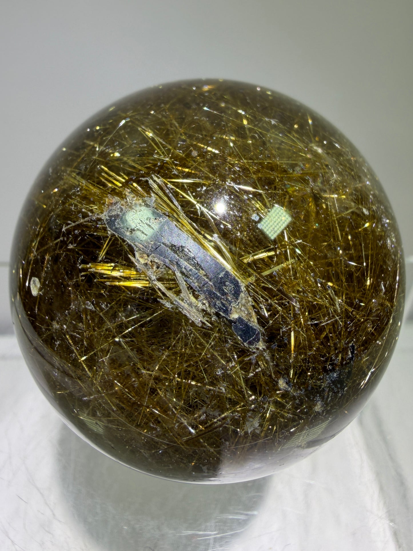 Rutile Quartz Sphere. 49mm. Beautiful Rare Golden Rutilated Quartz. Very Full Of Rutile And Hematite Inclusions