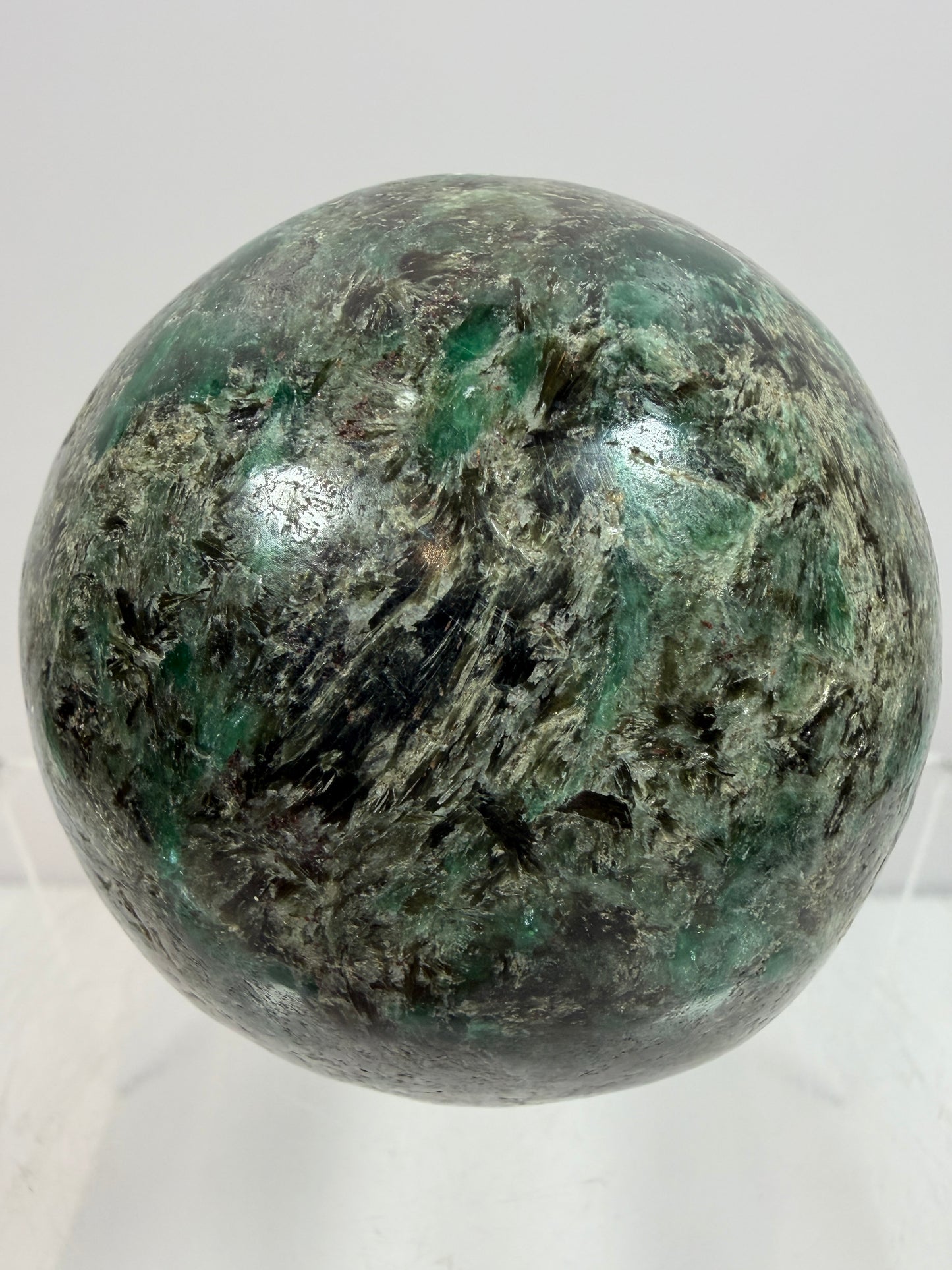 Emerald Mica In Matrix Crystal Sphere. 64mm. Gorgeous Chrome Muscovite From Zimbabwe. Amazing One Of A Kind Rare Display Crystal