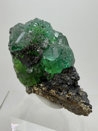 Green Fluorite And Pyrite Specimen From The Famous Milpo Mine In Peru. High Quality Rare Fluorite Specimen. Gorgeous Display Crystal