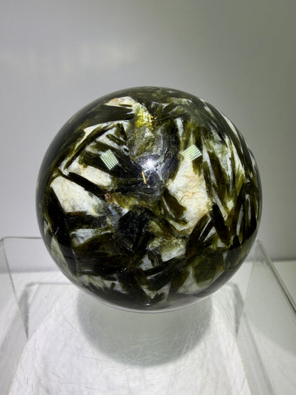 Green Mica And Garnet Sphere. 65mm. Rare Flashy Green Mica With Red Garnet. Gorgeous High Quality Crystal.