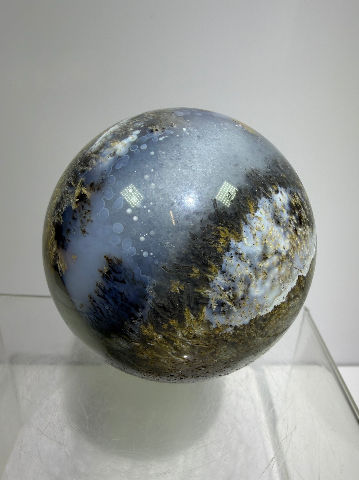 Sagenite Crystal Sphere. 66mm. Incredible Sagenite Plumes With Dendritic Agate. Rare And Unique Crystal Display Sphere
