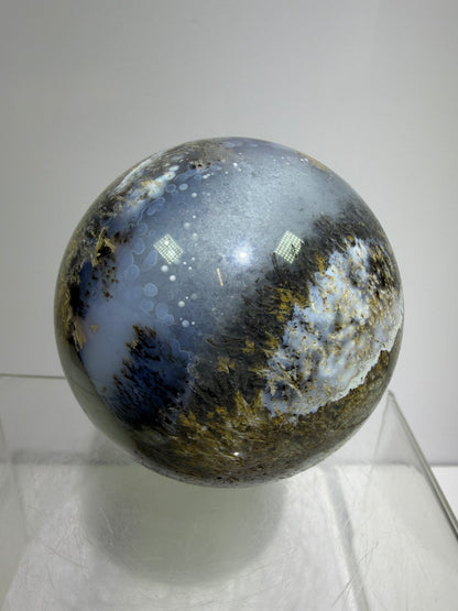 Sagenite Crystal Sphere. 66mm. Incredible Sagenite Plumes With Dendritic Agate. Rare And Unique Crystal Display Sphere