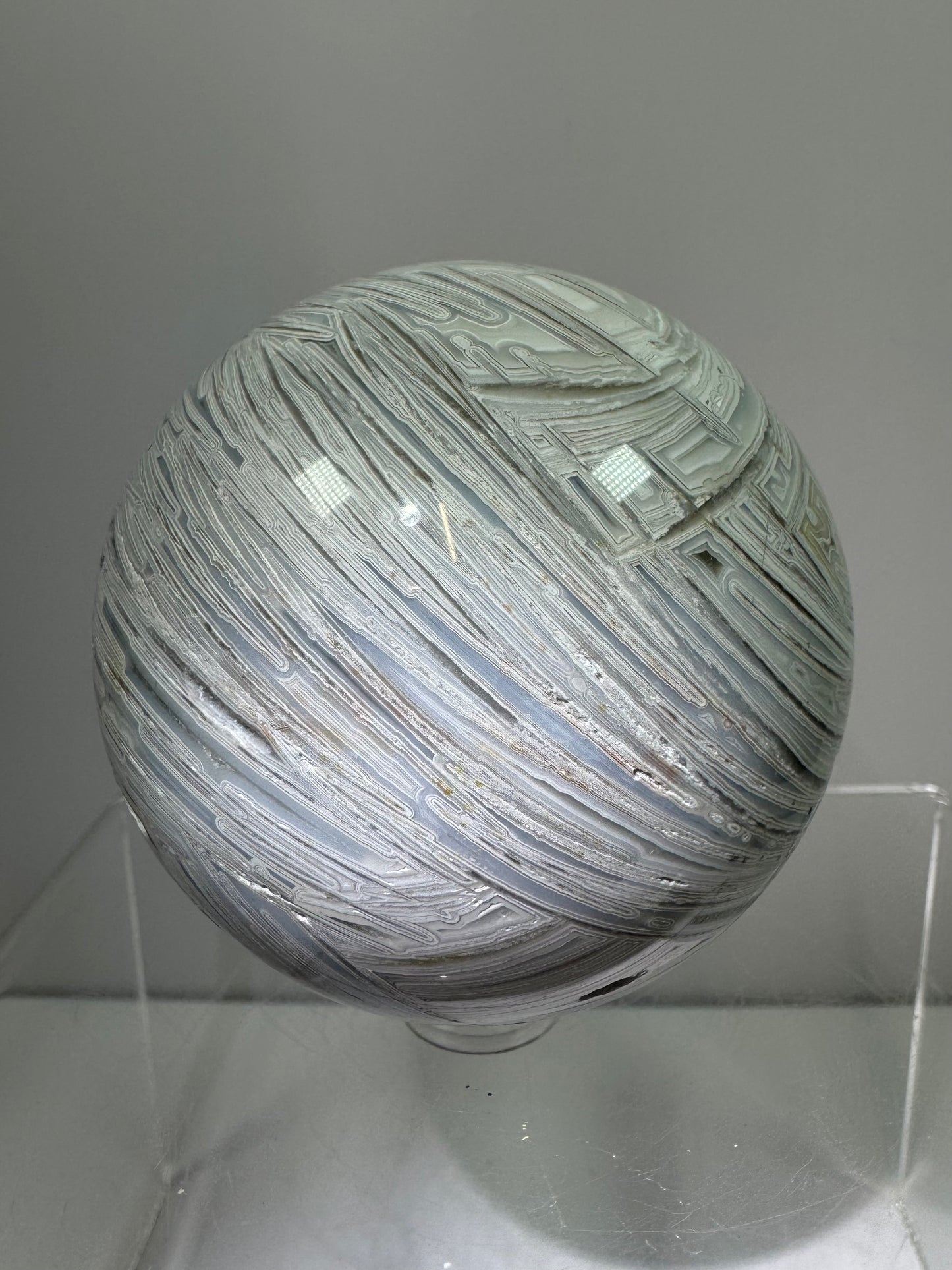 White Mexican Crazy Lace Sphere. 66mm. Beautiful Mexican Agate Sphere. Incredible Druzy And Banding.