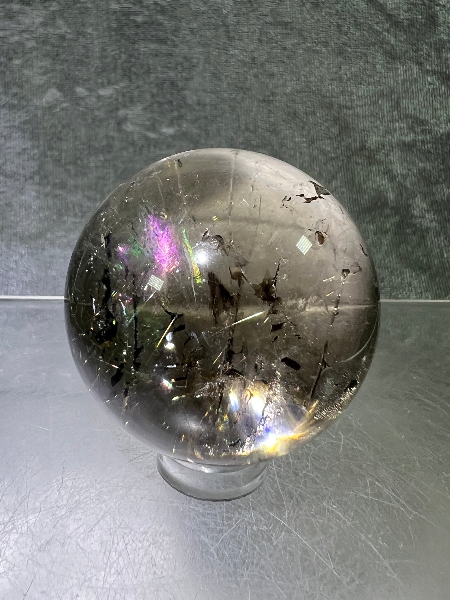 Rutile Quartz Sphere. Amazing Rainbows! Light Smoky Quartz With Stunning Golden Rutile Inclusions.