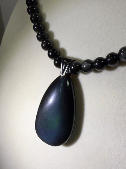 Rainbow Obsidian Pendant. Gorgeous Teardrop Cabochon. Custom Made Beaded Necklace. High Quality Jewelry