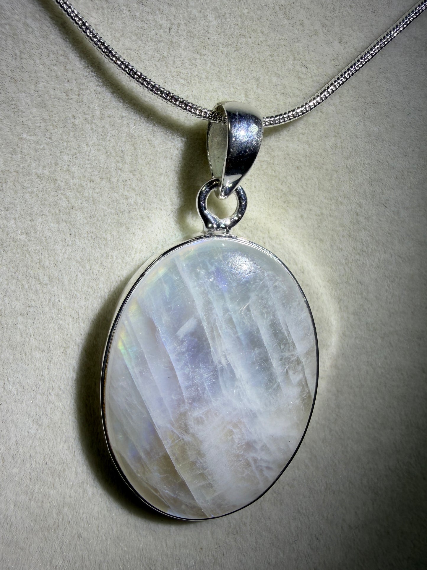 Rainbow Moonstone Crystal Pendant. Beautiful S925 Silver Crystal Jewelry. Amazing Colors With Great Flash!