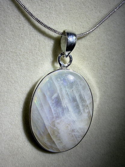 Rainbow Moonstone Crystal Pendant. Beautiful S925 Silver Crystal Jewelry. Amazing Colors With Great Flash!