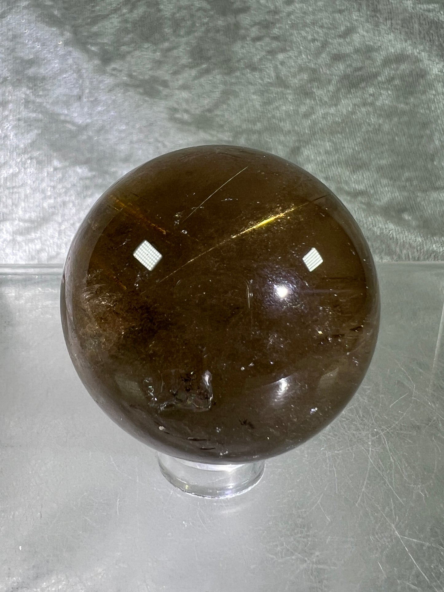 Rutile Quartz Sphere. Amazing Smoky Quartz With Stunning Golden Rutile Inclusions.