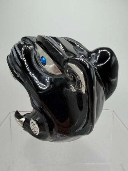 Carved Jaguar Warrior Head. Gorgeous Hand Carved Obsidian Aztec Art. One Of A Kind Obsidian, Silver, And Opal Collectors Item.