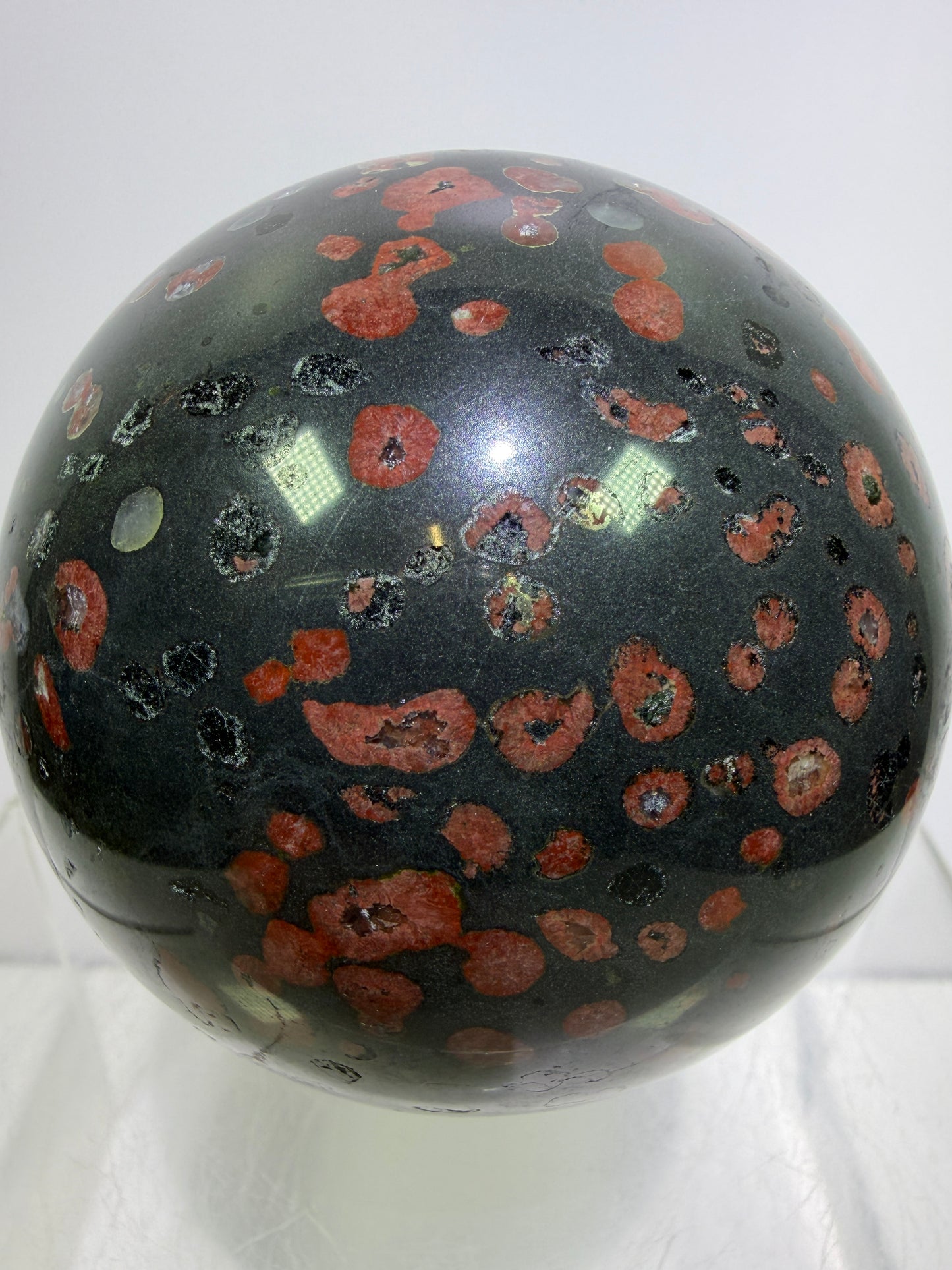 Plum Blossom Jade Sphere: 72mm. Gorgeous Large Display Sphere. Beautiful Color Contrast
