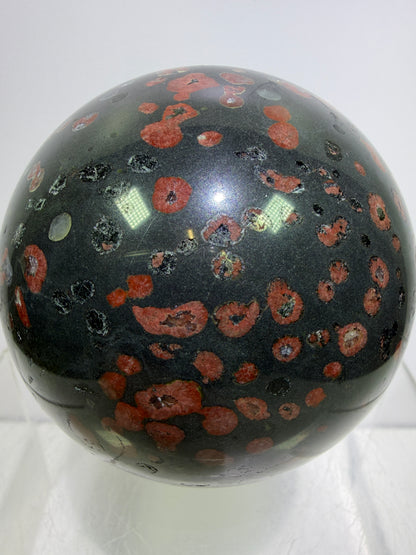 Plum Blossom Jade Sphere: 72mm. Gorgeous Large Display Sphere. Beautiful Color Contrast