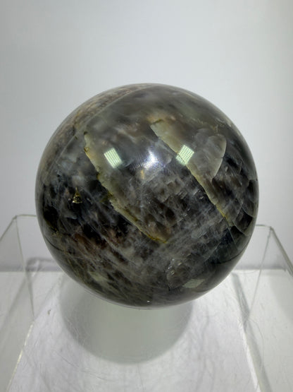 Black Moonstone Crystal Sphere. 66mm. Stunning Bright Silver Flash. High Quality Display Sphere
