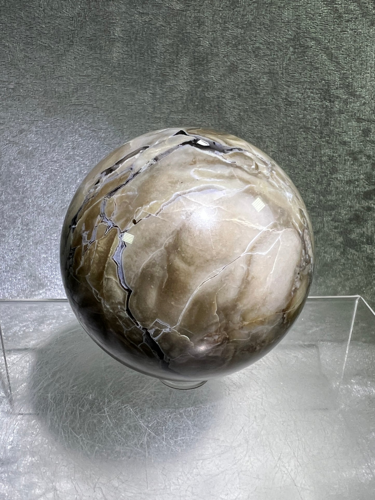 Volcano Agate With Purple Chalcedony Sphere. 68mm. Beautiful Rare Purple And Green UV Reaction. Amazing High Quality Display Sphere.