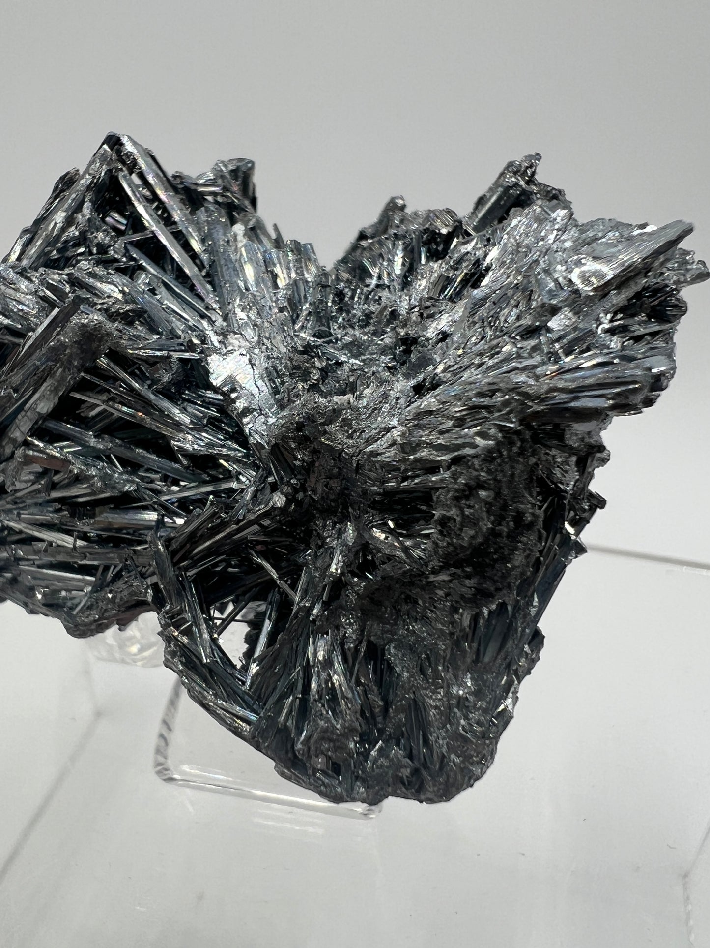 Stibnite Antimonite Specimen. Very Rare And Stunning Iridescent Crystal Cluster. Amazing Flashy Mineral Display