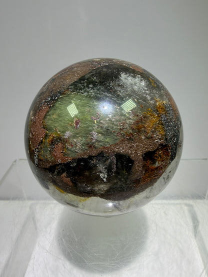 Garden Quartz Lodolite Sphere. 57mm. Orange And Red Colorful Landscape. High Quality With Rare Colors!