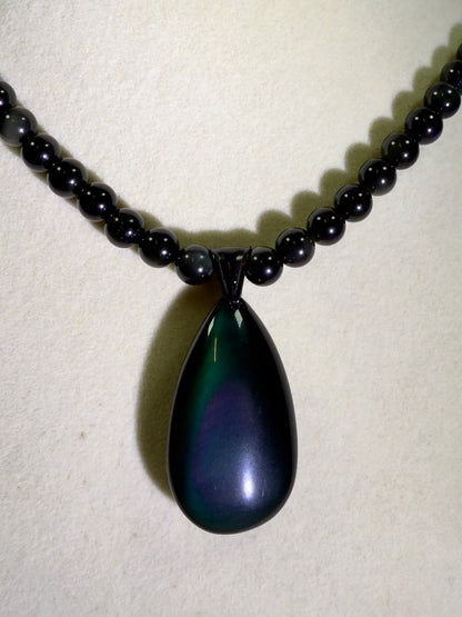 Rainbow Obsidian Pendant. Gorgeous Teardrop Cabochon. Custom Made Beaded Necklace. High Quality Jewelry