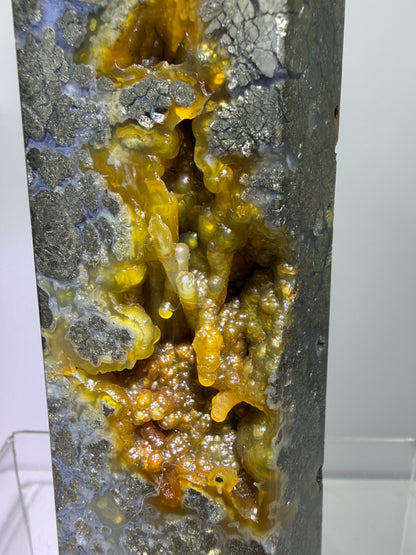 Pyrite And Chalcedony Druzy Tower. 6.75 Inches. Beautiful Display Tower With Stunning Druzy