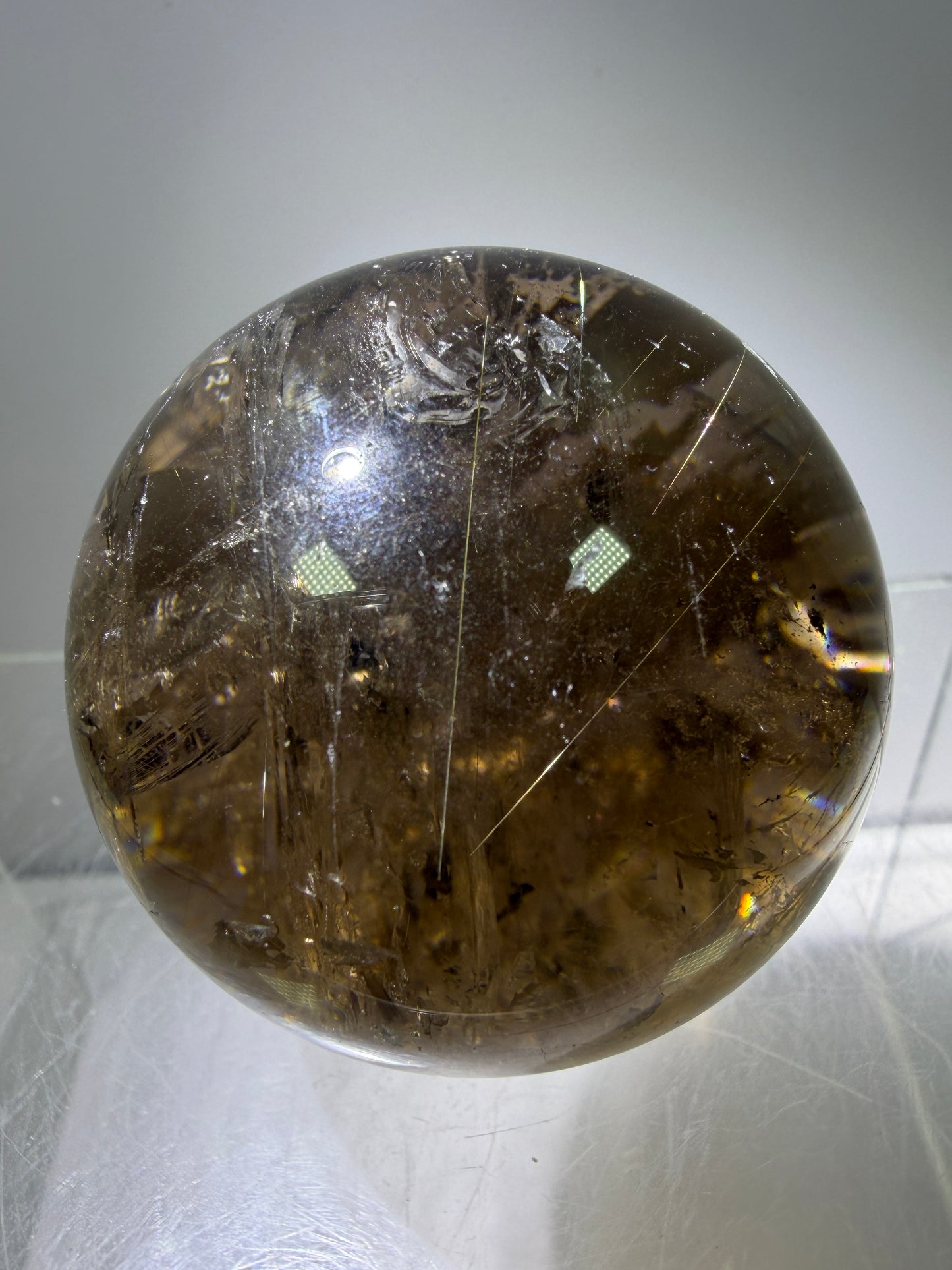 Rutile Quartz Sphere. 47mm. Unique Smoky Quartz With Stunning Golden Rutile Inclusions.