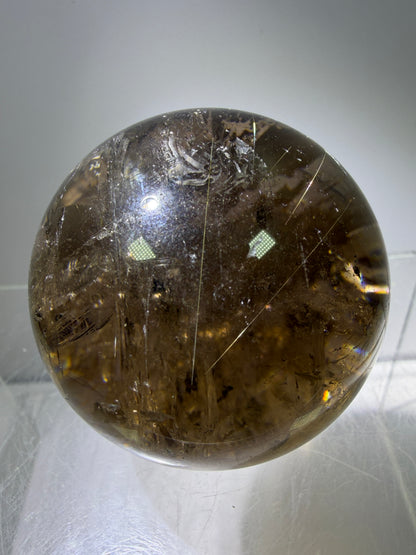 Rutile Quartz Sphere. 47mm. Unique Smoky Quartz With Stunning Golden Rutile Inclusions.