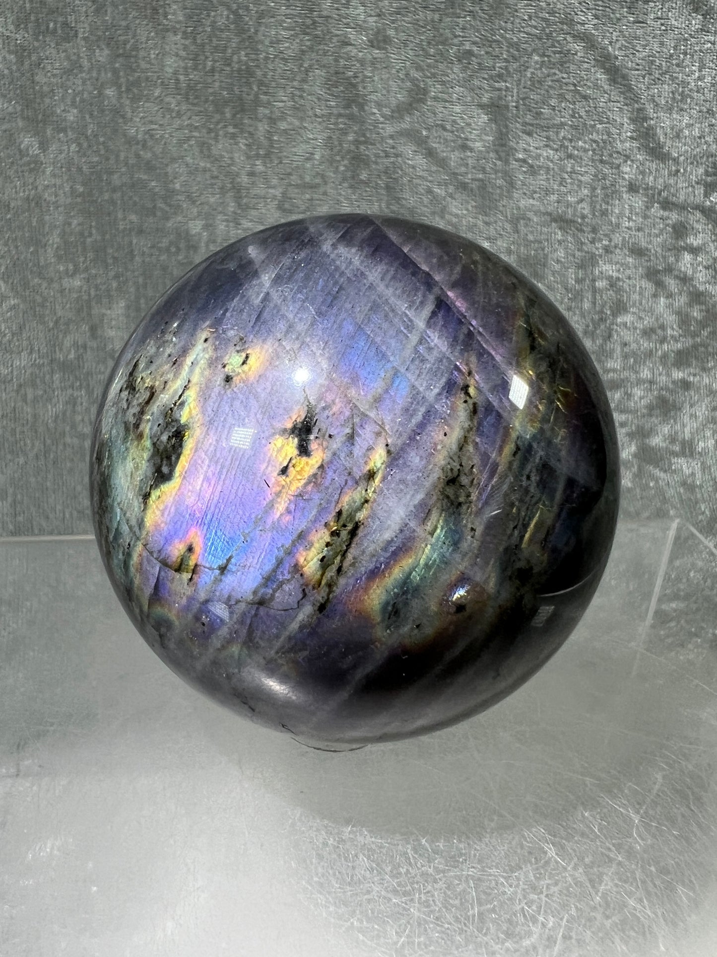 Labradorite Crystal Sphere. 62mm. Gorgeous Purple Rainbow Flash. Rare Color Display Sphere.