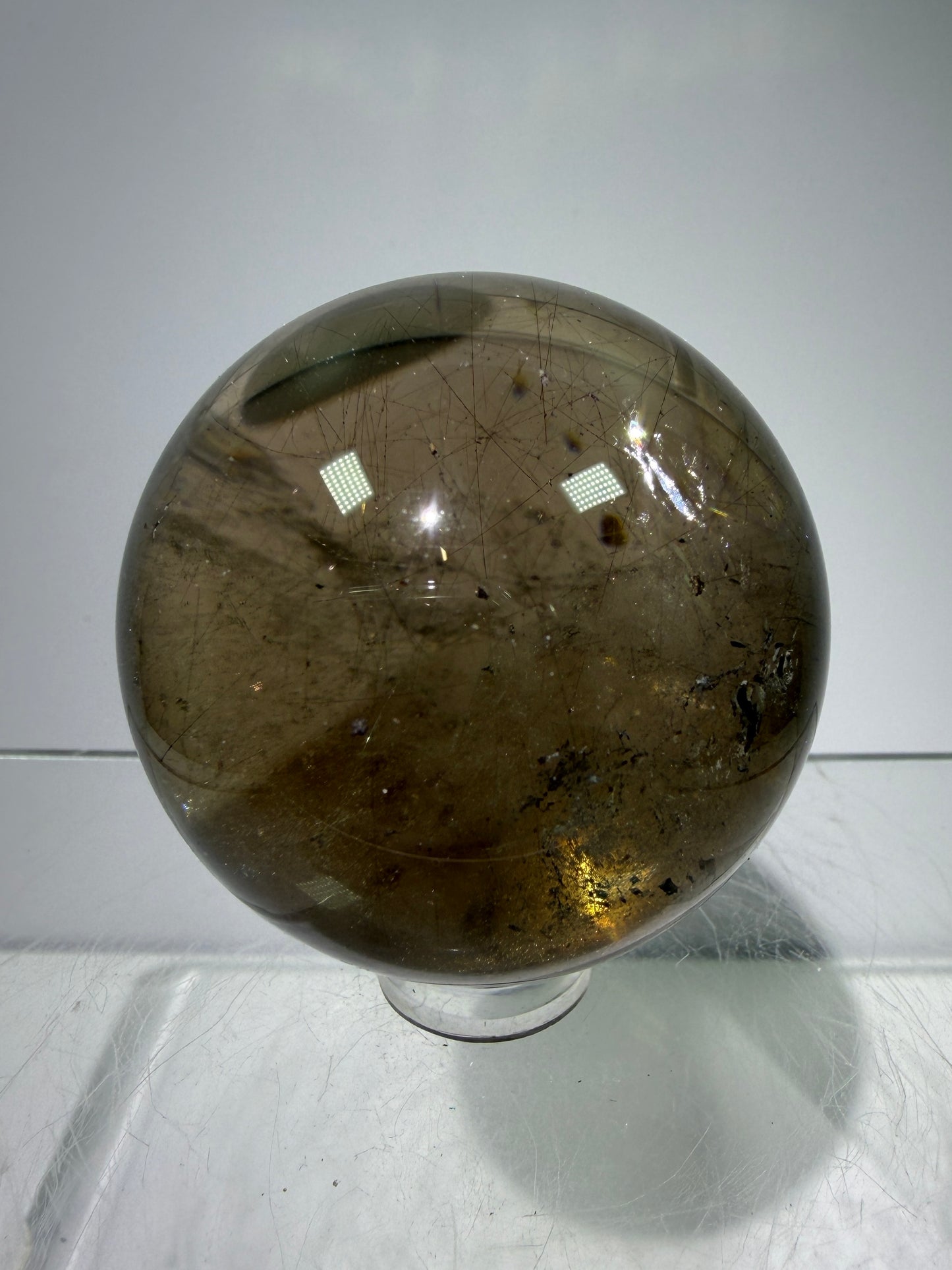 Rutile Quartz Sphere. 46mm. Unique Smoky Quartz With Stunning Golden Rutile Inclusions.