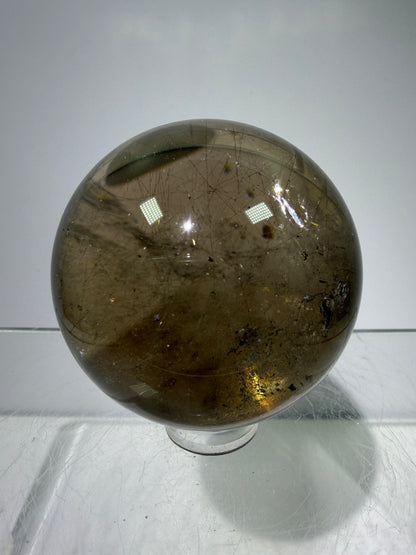 Rutile Quartz Sphere. 46mm. Unique Smoky Quartz With Stunning Golden Rutile Inclusions.