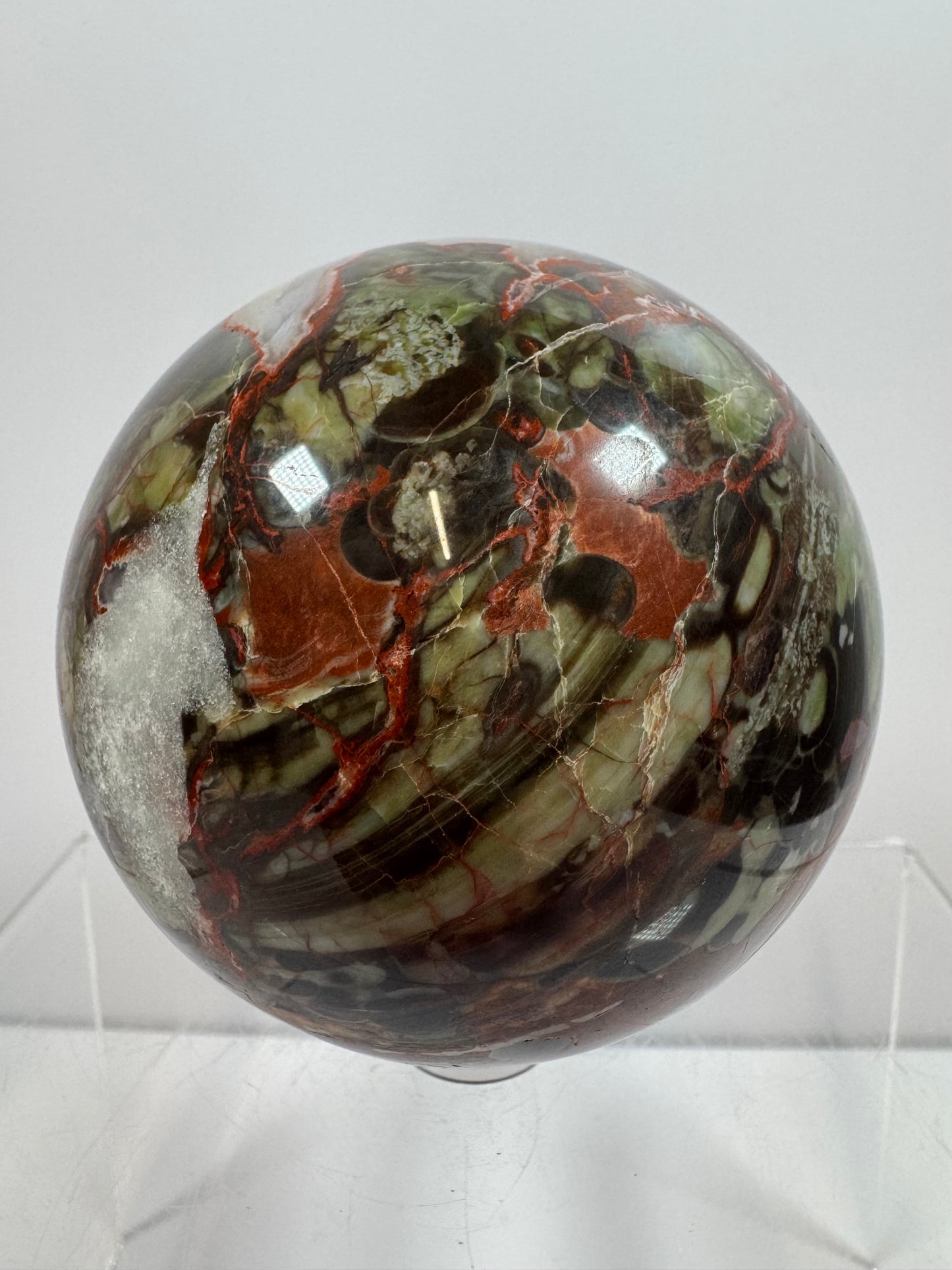 Money Agate Crystal Sphere. 72mm. Very Rare Shades Of Green. Stunning Indonesian Bloodstone. Amazing Colors And Patterns