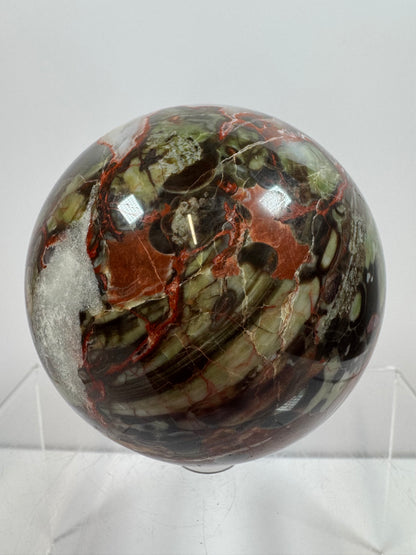 Money Agate Crystal Sphere. 72mm. Very Rare Shades Of Green. Stunning Indonesian Bloodstone. Amazing Colors And Patterns
